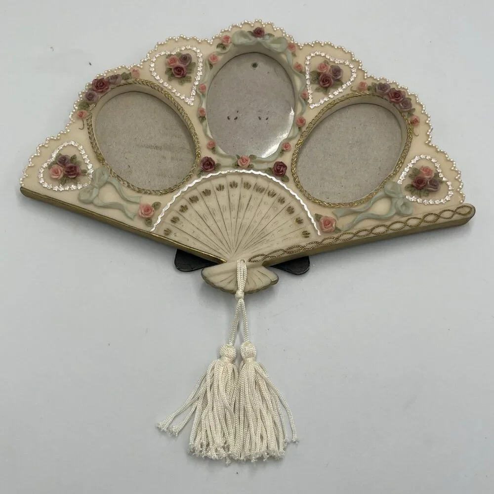 Dezine Victorian Style 3 Photo Picture Frame Hand Fan Shaped Boudoir Vanity 90s